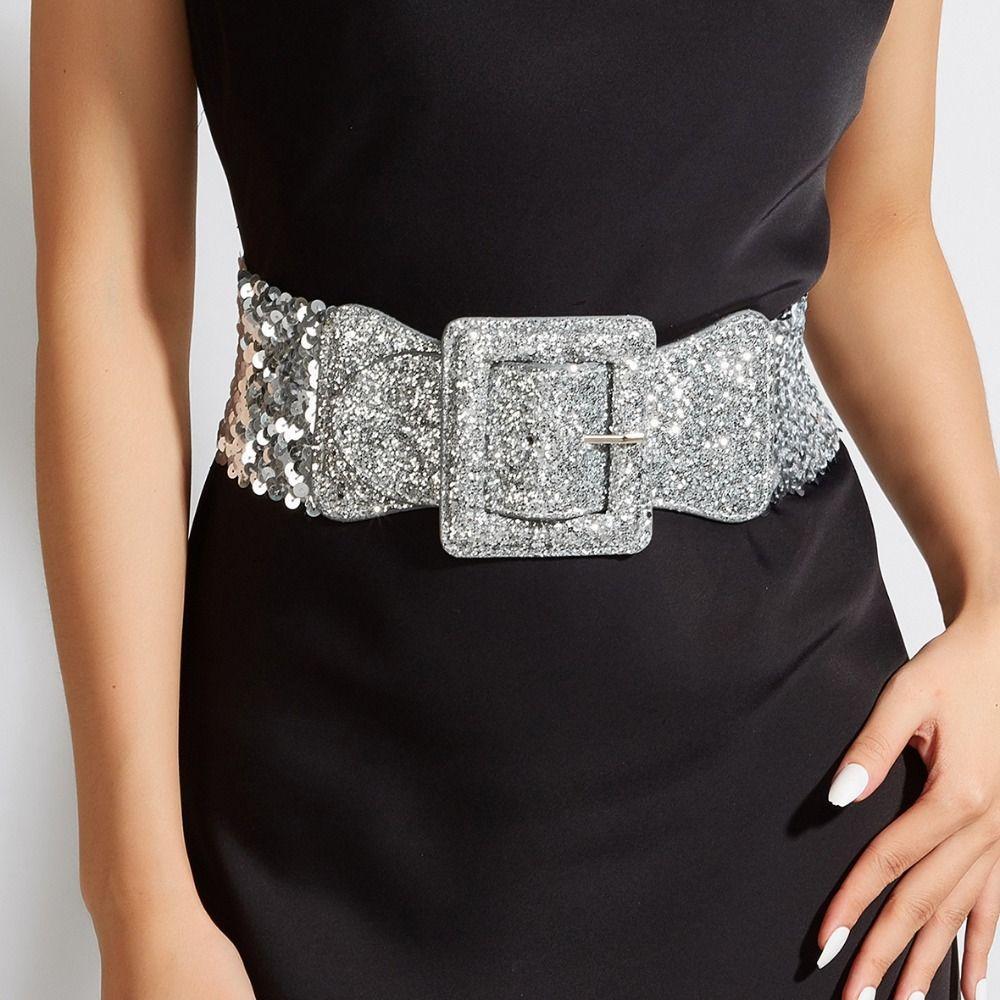 Shiny Elastic Cummerbunds Metal Square Buckle Waist Corset Belts Personality Wide Belt  Ladies