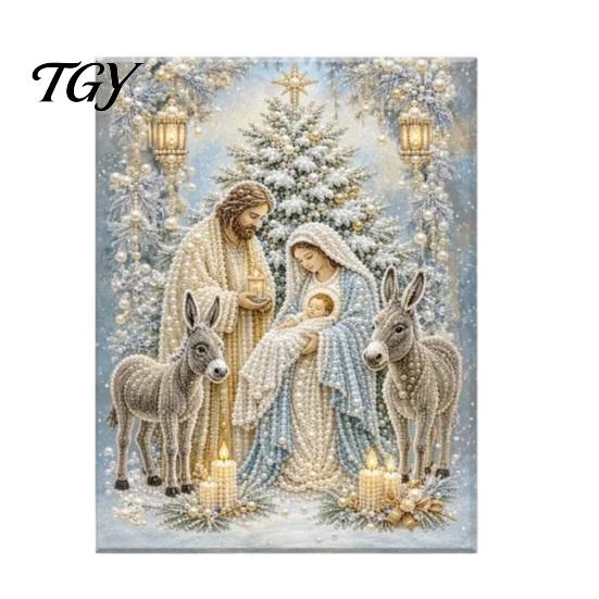 Handmade Religious Crafts Nativity Faux Pearl Art Kit, Holy Family Painting DIY Spiritual Wall Display 3D Craft Set for Adults, Home Christmas