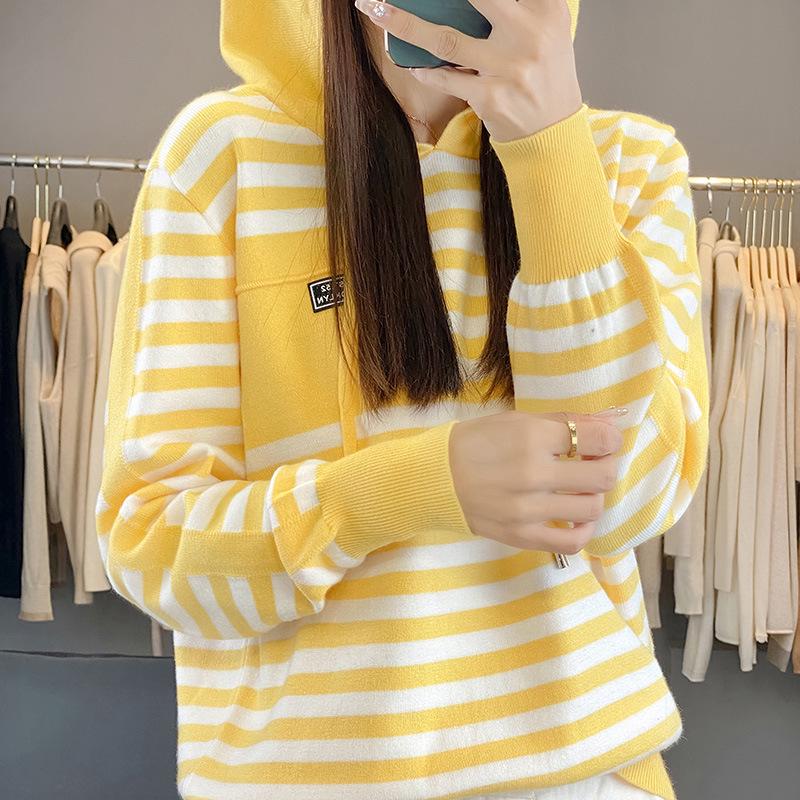 2024 Autumn Korean Chic Women's Striped Knit Hooded Sweater