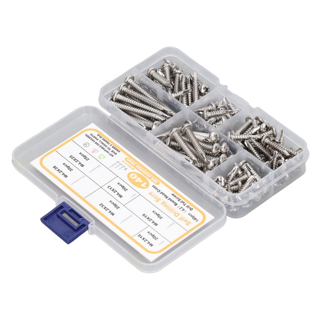 140PCS M4.2 Round Head Cross Screw Assortment Deep Thread 410 Stainless Steel Self Drilling Screws