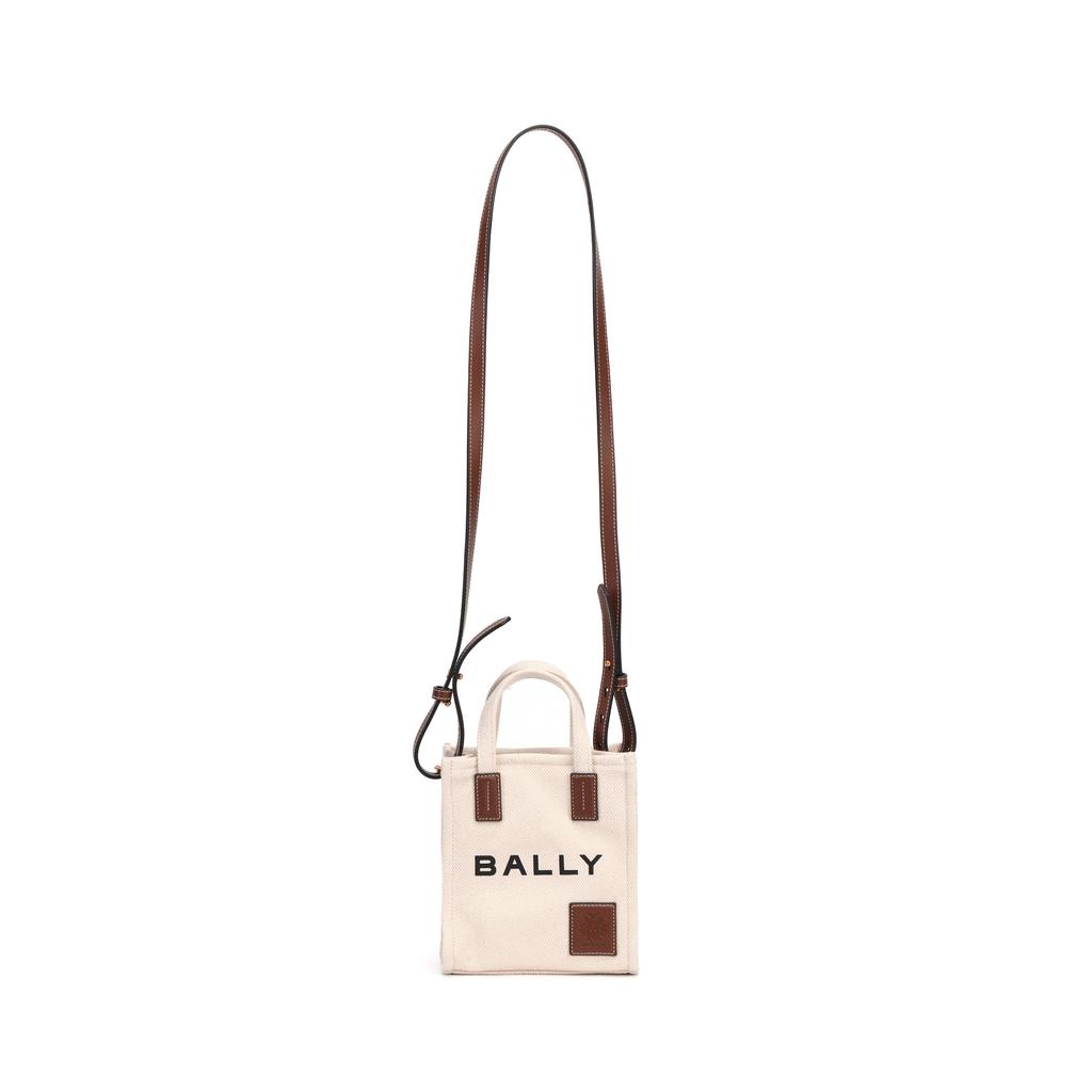 Bally Хлопковая ткань с принтом логотипа Акелей и кожаной отделкой Мини-сумка-тоут Женская сумка-тоут Бежевая 6307810
