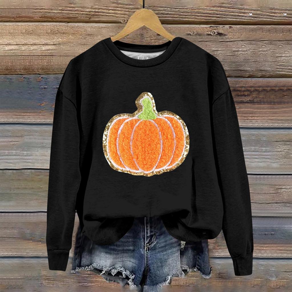 Женская мода Хэллоуин с длинным рукавом с принтом Свободная толстовка с круглым вырезом Топ