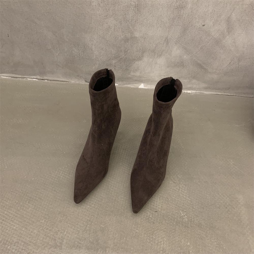 High Heel Pointed Head Temperament Suede Short Boots Women's Shoes Autumn and Winter Velvet Thin Heel Korean