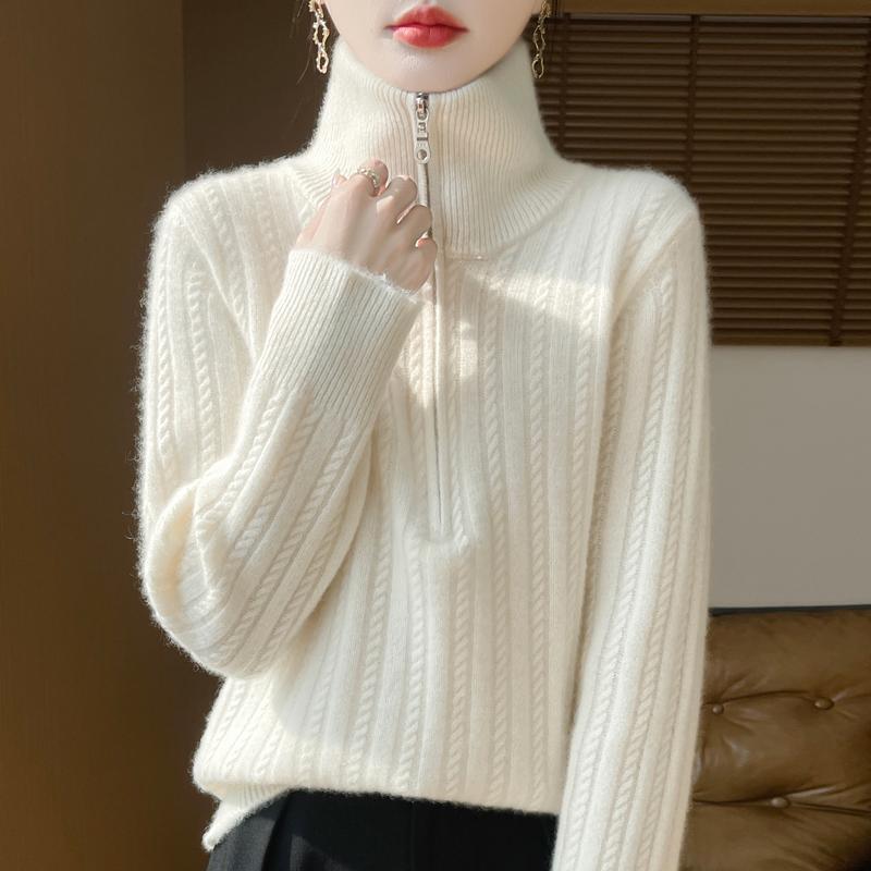 Women Sweater 100% Wool TIDENOVEL Turn-down Collar Knit Pullover Thick Winter Jumpers Female Knit Tops Zipper