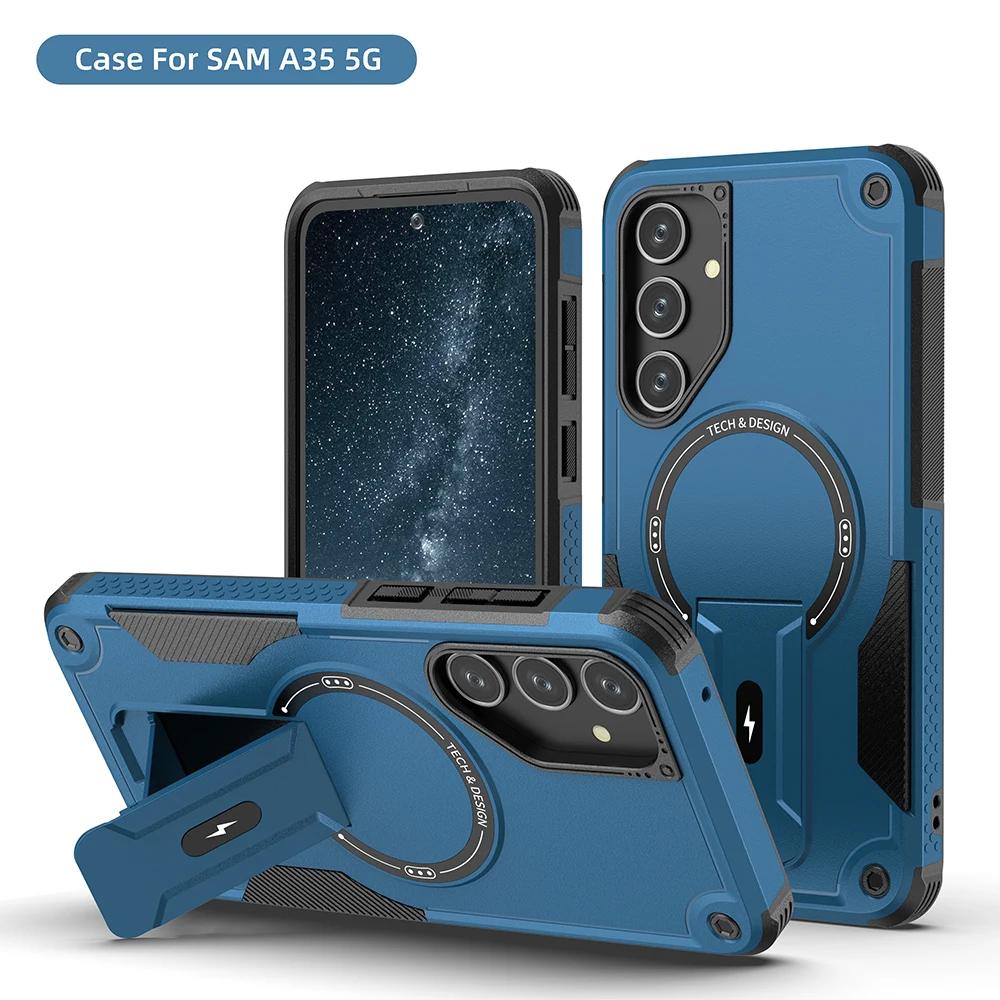 Бронированный магнитный чехол для телефона Samsung Galaxy A55 A16 A35 A25 A05 A54 5G Magsafe Беспроводная зарядка С подставкой Противоударный чехол
