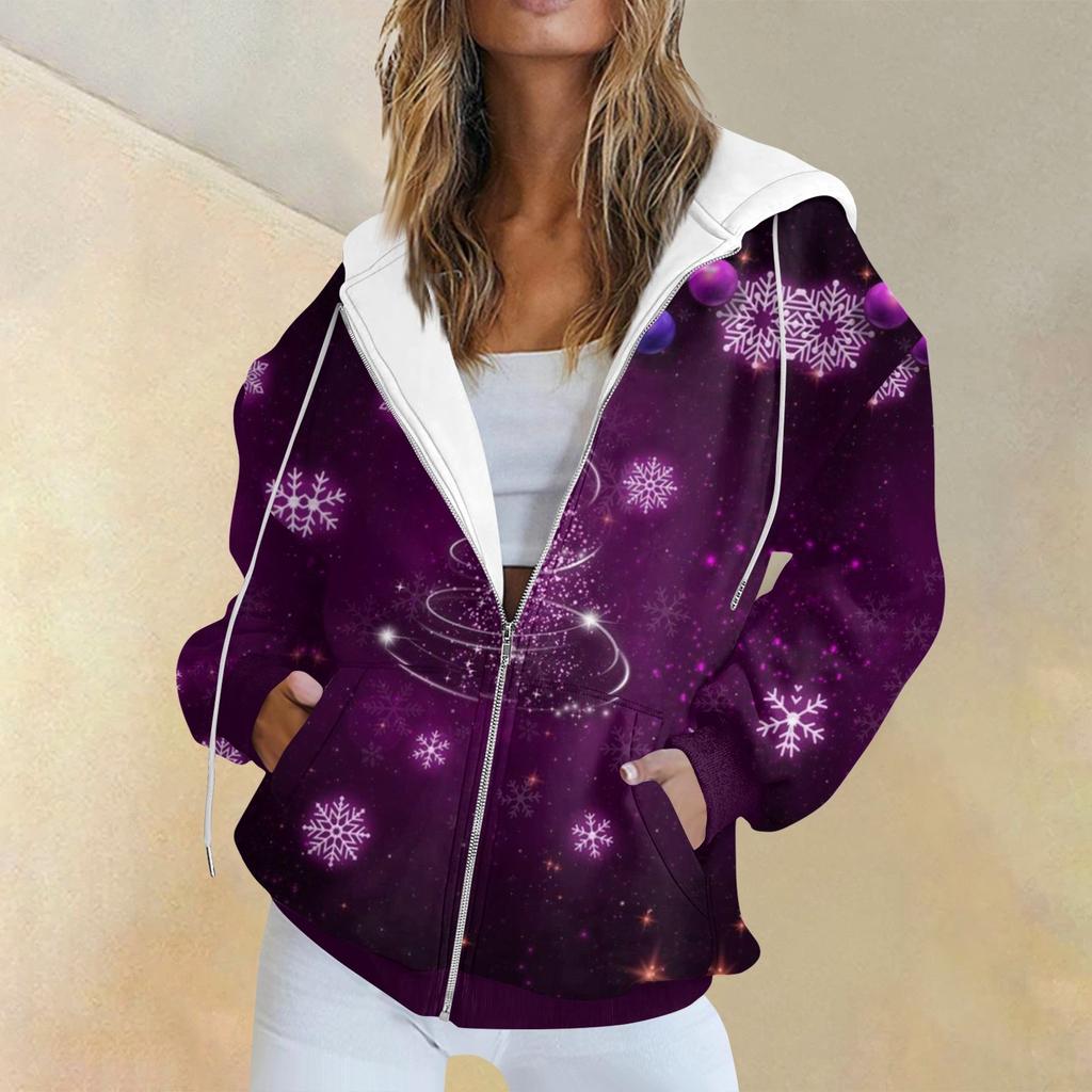 Женская модная повседневная толстовка с рождественским принтом и длинными рукавами, карманная куртка, пальто с капюшоном на молнии