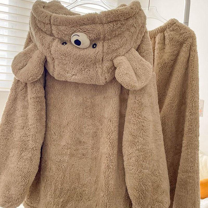 Little Brown Bear Coral Fleece Hooded Pajamas Suit Women's Autumn and Winter Plus Velvet Thickening To Keep Warm Can Be Worn Outside Home Service