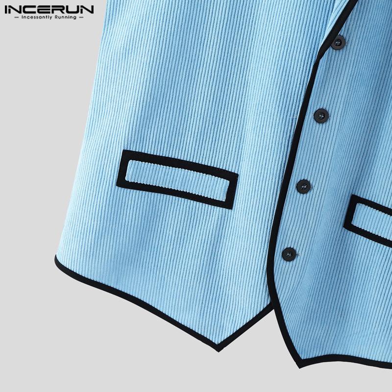 INCERUN Men Lapel Sleeveless Stitching Slim Waist Buttons Up Rib Vest Waistcoat