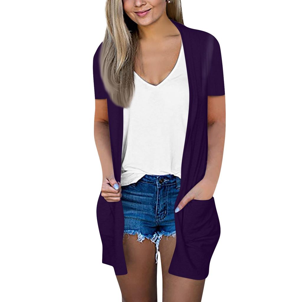 Women's Fashion Loose Casual Pocket Solid Color Cardigan Short Sleeve Jacket Top