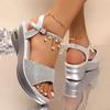 Элегантные женские сандалии с ремешком на щиколотке из жемчуга Женские 2025 Летние Вечеринка Свадьба Золотые Серебристые Туфли Женские Клиновидные каблуки Сандалии Женские 43