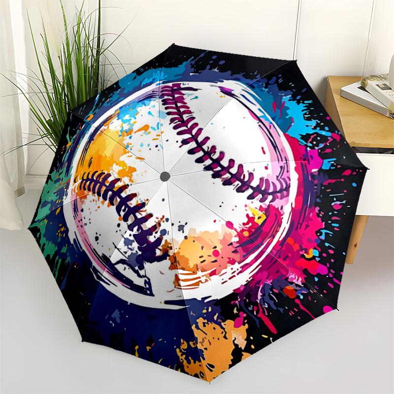 1pc Baseball Artwork Adventure Auto Open/close, 8-Rib Iron Frame, Compact Folding Cute Umbrella All-Season Portable Umbrella for Travel 014