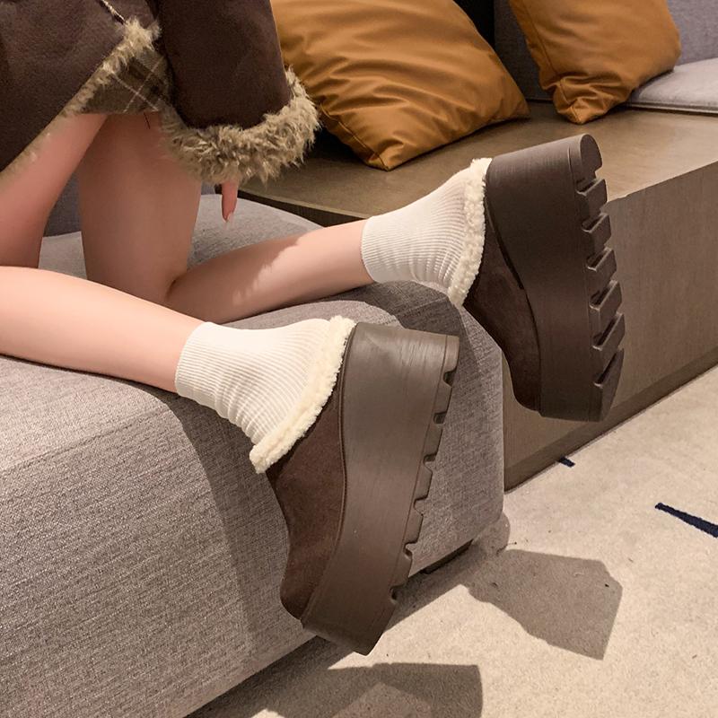 9CM Women Half Sippers Platform 2024 Winter Warm Fur High-heel Retro Women's Loafers Casual Suede Mules For Ladies Student-shoes