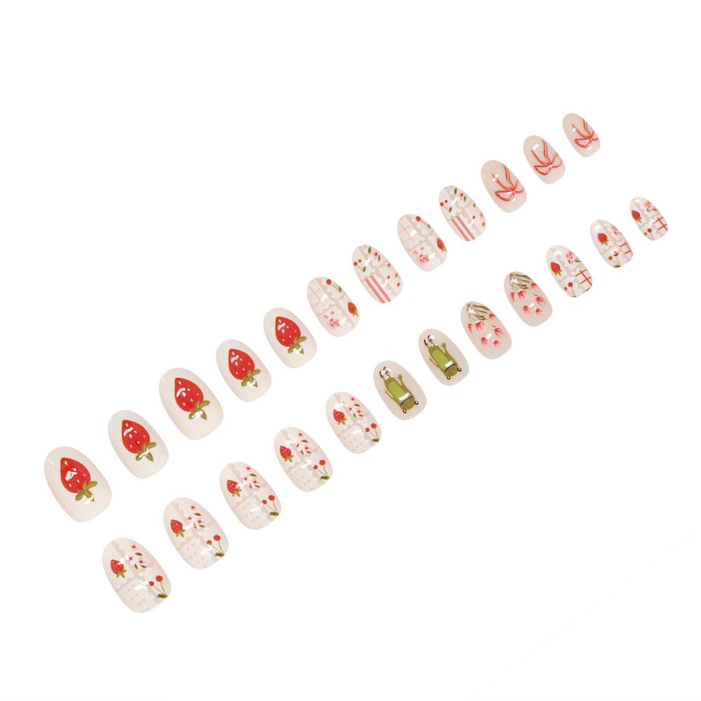 24pcs Women Full Cover Stick on Nails Strawberry Pattern Artificial Nails for DIY Nail Design Art Salon