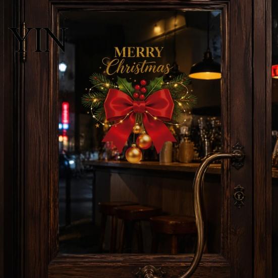 Large Christmas English Lettering Red Bow Window Sticker, Gold Letter Merry Glass Decal, Xmas Decor Waterproof Windows Clings for Home School