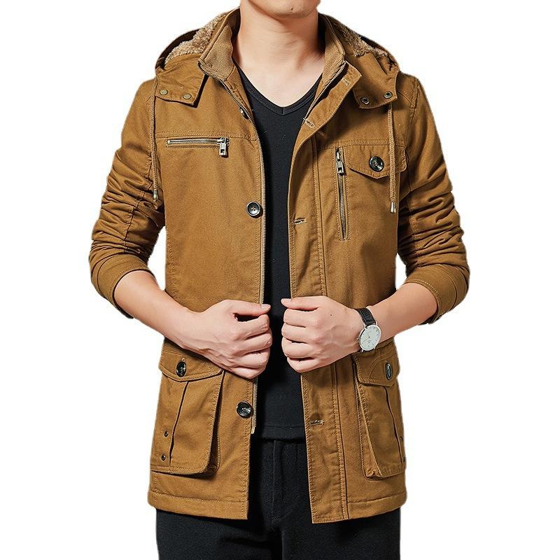 Новая осенне-зимняя мужская куртка средней длины, ветровка из чистого хлопка с капюшоном, деловая повседневная верхняя куртка большого размера, утолщенная бархатная куртка