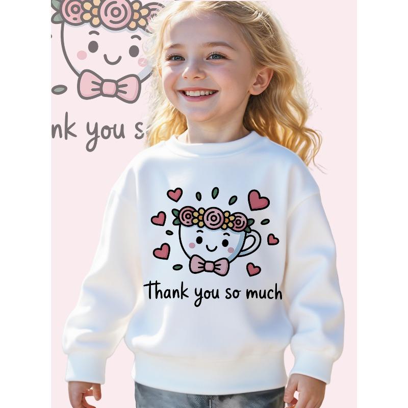Kids Crewneck Sweatshirt, Cute Cartoon Teacup & Hearts Print with "Thank You So Much"