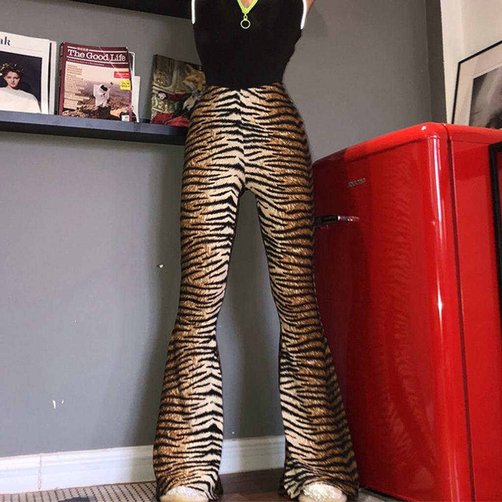 Women Casual Pants Leopard Print High Waisted Slim Fit Wide Leg Flare Pants