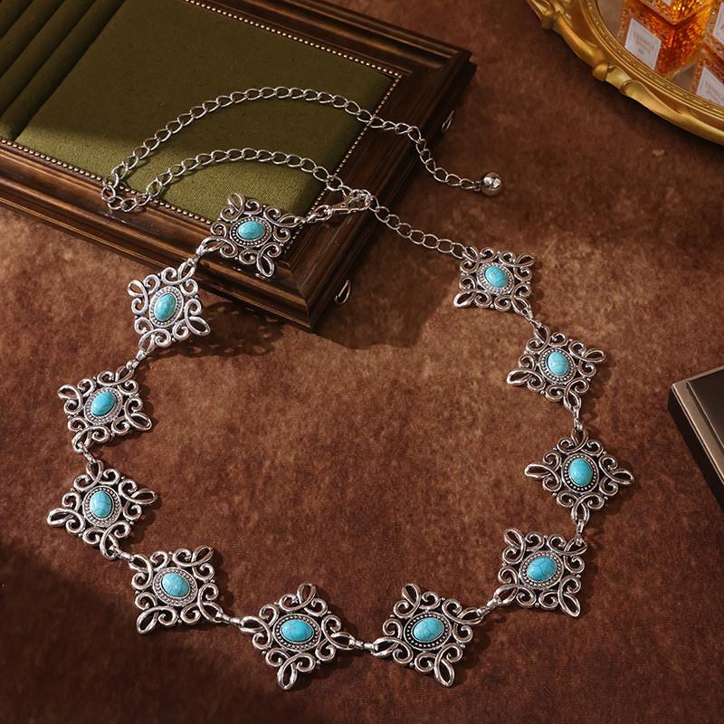 Chinese Traditional Knot Waist Chain With Metal Carving Turquoise For Occasions