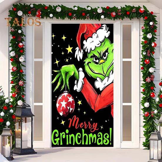 1 комплект гобеленов для гаражных ворот с 4 застежками-лентами в рождественском стиле с принтом Гринчи из мультфильма, создающий праздничную атмосферу для украшения фона для новогодней вечеринки