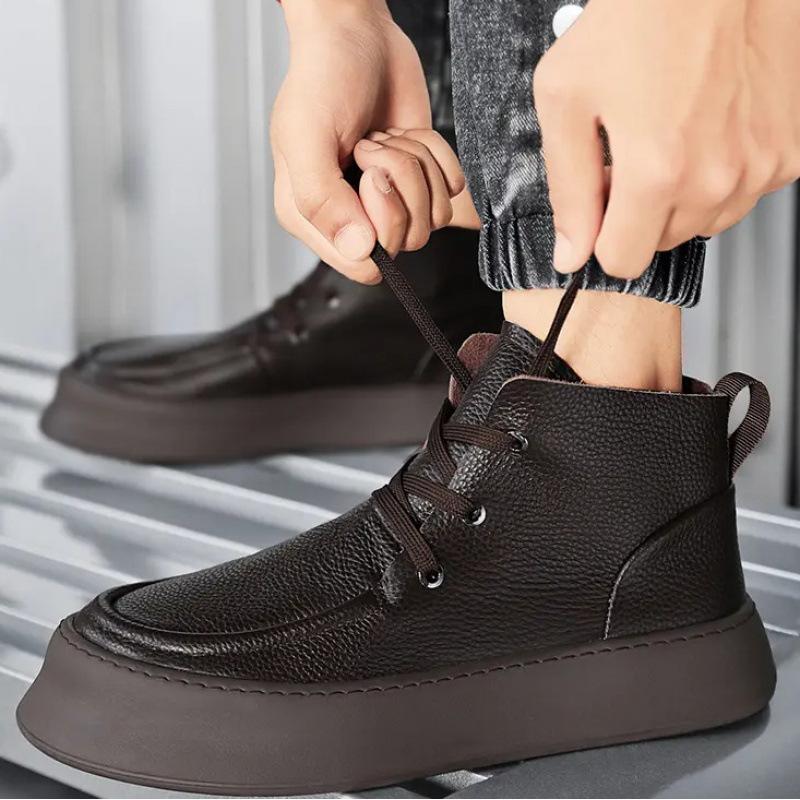 Autumn and Winter 2024 Hong Kong Style Trend Versatile Casual Board Shoes High-top Men's Shoes Men's Flip Leather Shoes Medium-top Martin Boots