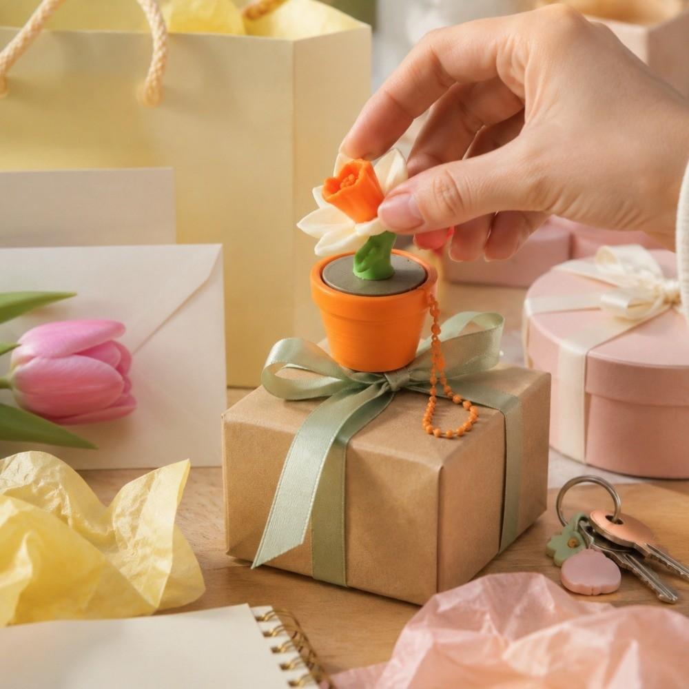 3D Printed Mini Potted Plants Clicker Keychain Simulation Daffodil Tulip Keychain Children Adults