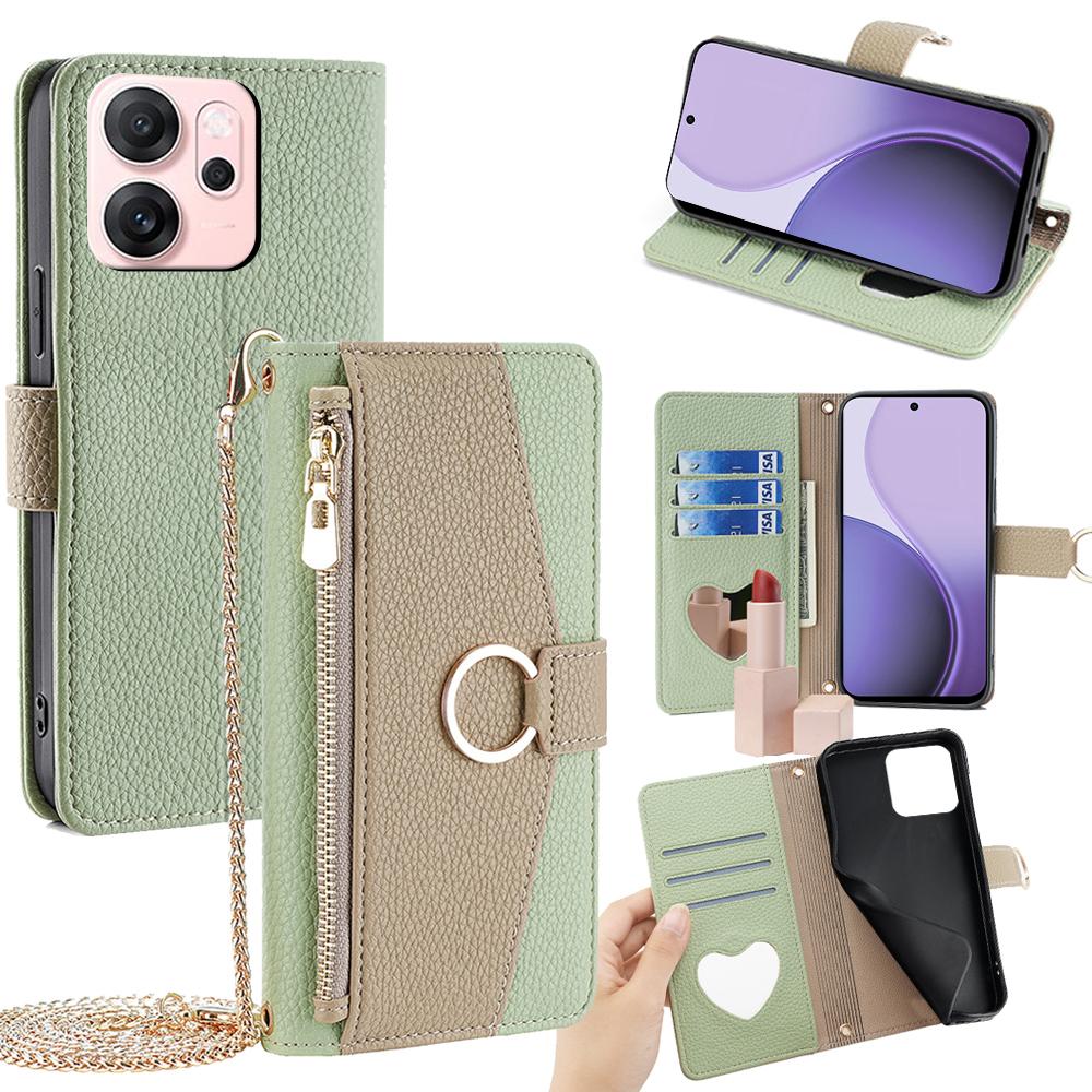 For Oppo Reno14 F 5G Case Mirror Wallet Leather Phone Cover with Chain Shoulder Strap