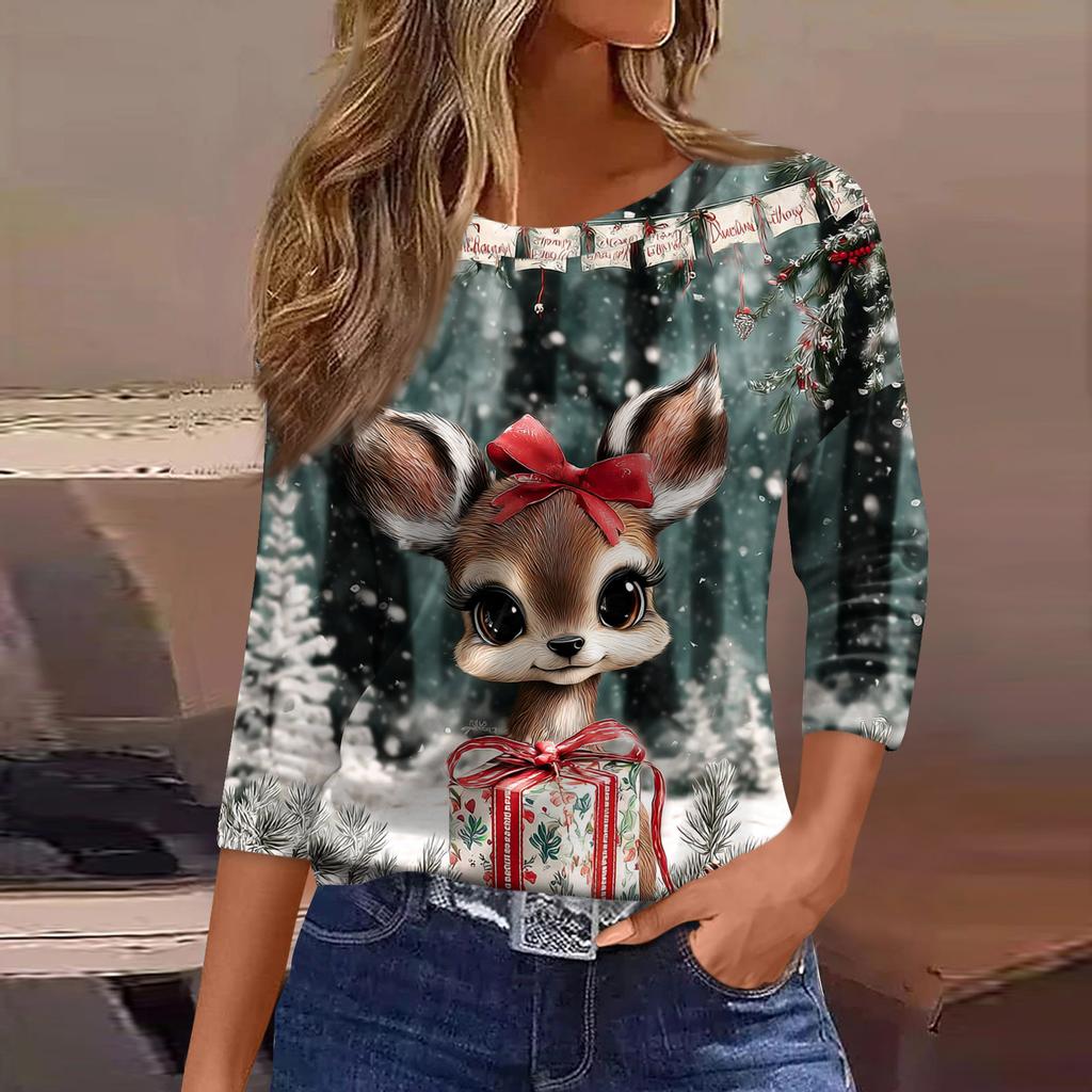 Women's Fashion Casual Three-quarter Sleeve Christmas Printed  Neck Top