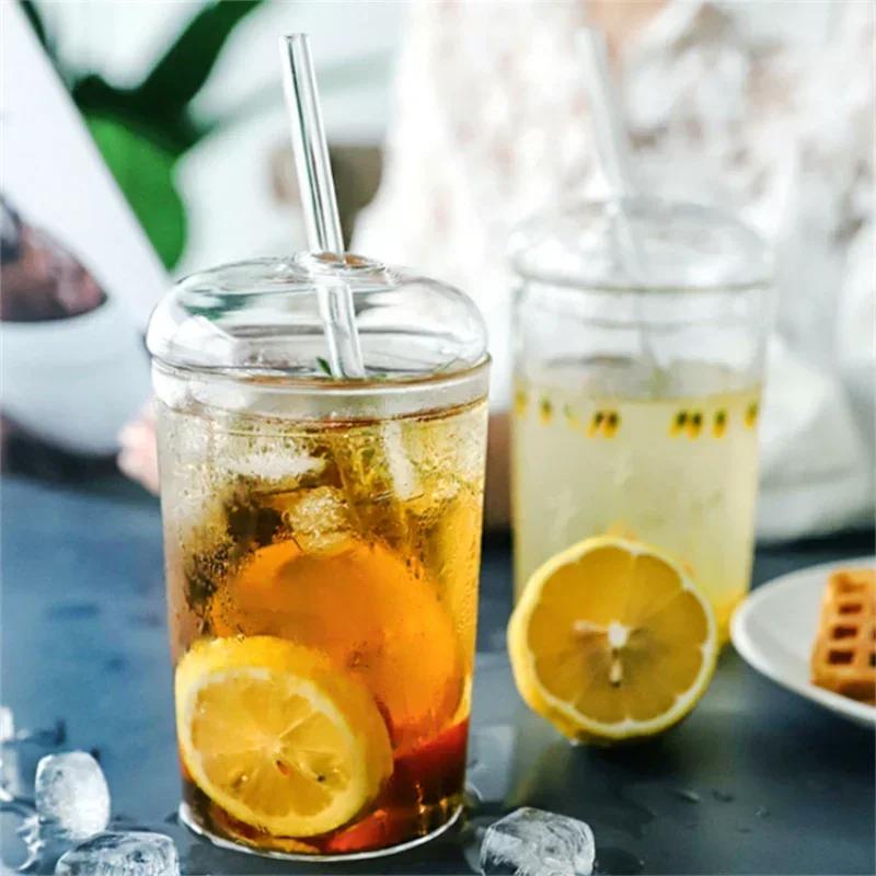 450 мл прозрачная стеклянная кружка с крышкой и трубочкой, термостойкий стакан с трубочкой для кофе, молока, холодных напитков, бутылка для воды, посуда для напитков