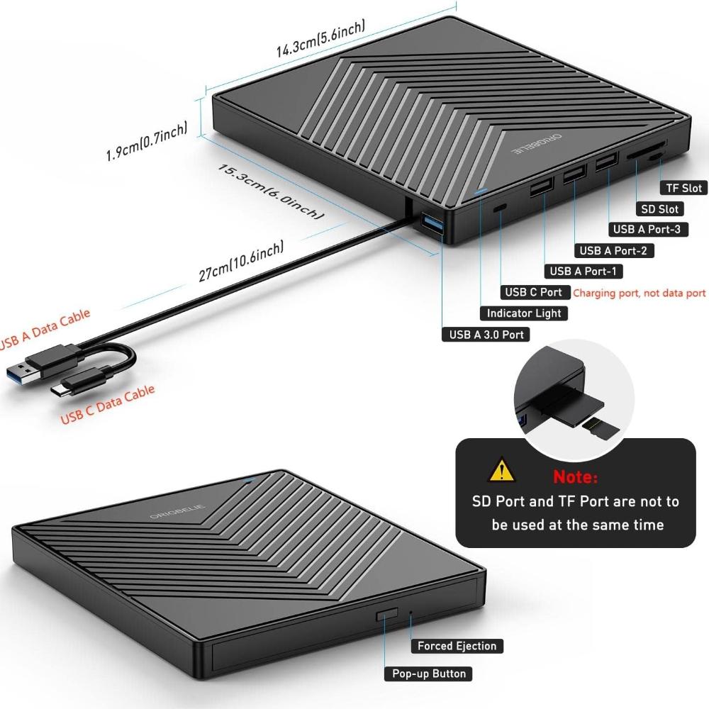 External CD DVD Player USB 3.0 with 4 USB Ports and 2 TF/SD Card Reader, External CD/DVD Drive for Laptop Windows 11/10/8/7/XP/Vista Linux Mac