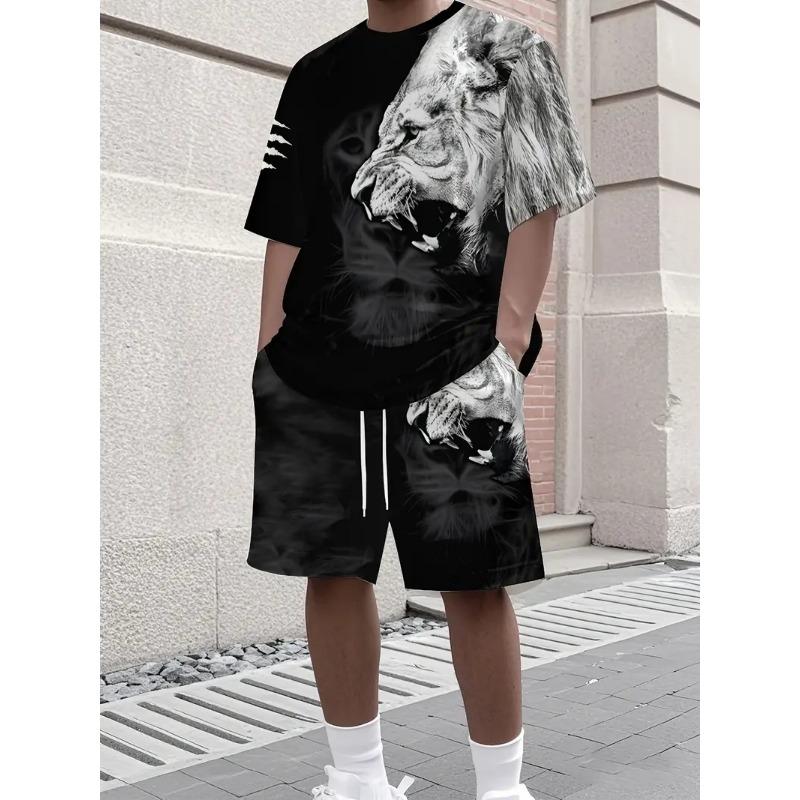 Мужской комплект из 2 предметов: футболка с графическим принтом льва и шорты. Мужской комплект с коротким рукавом и шортами на кулиске. Дышащая мужская одежда