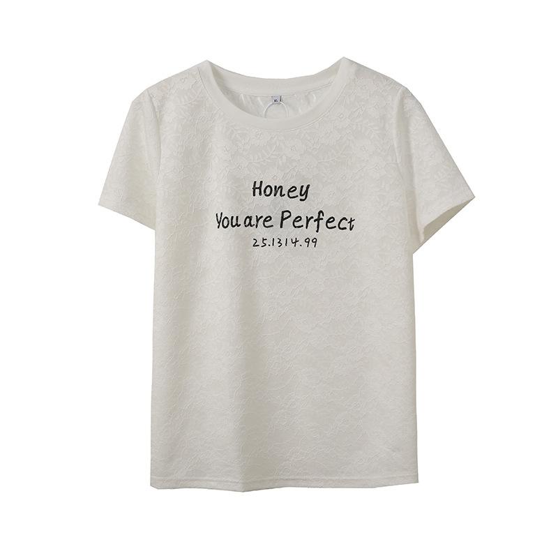 Large size women's lace texture pullover short sleeve T summer new versatile printed top 242464