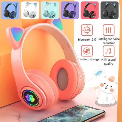 Милые аниме светящиеся наушники с кошачьими ушками, Bluetooth 5,0, беспроводная гарнитура, складные наушники для ПК, игровой музыки
