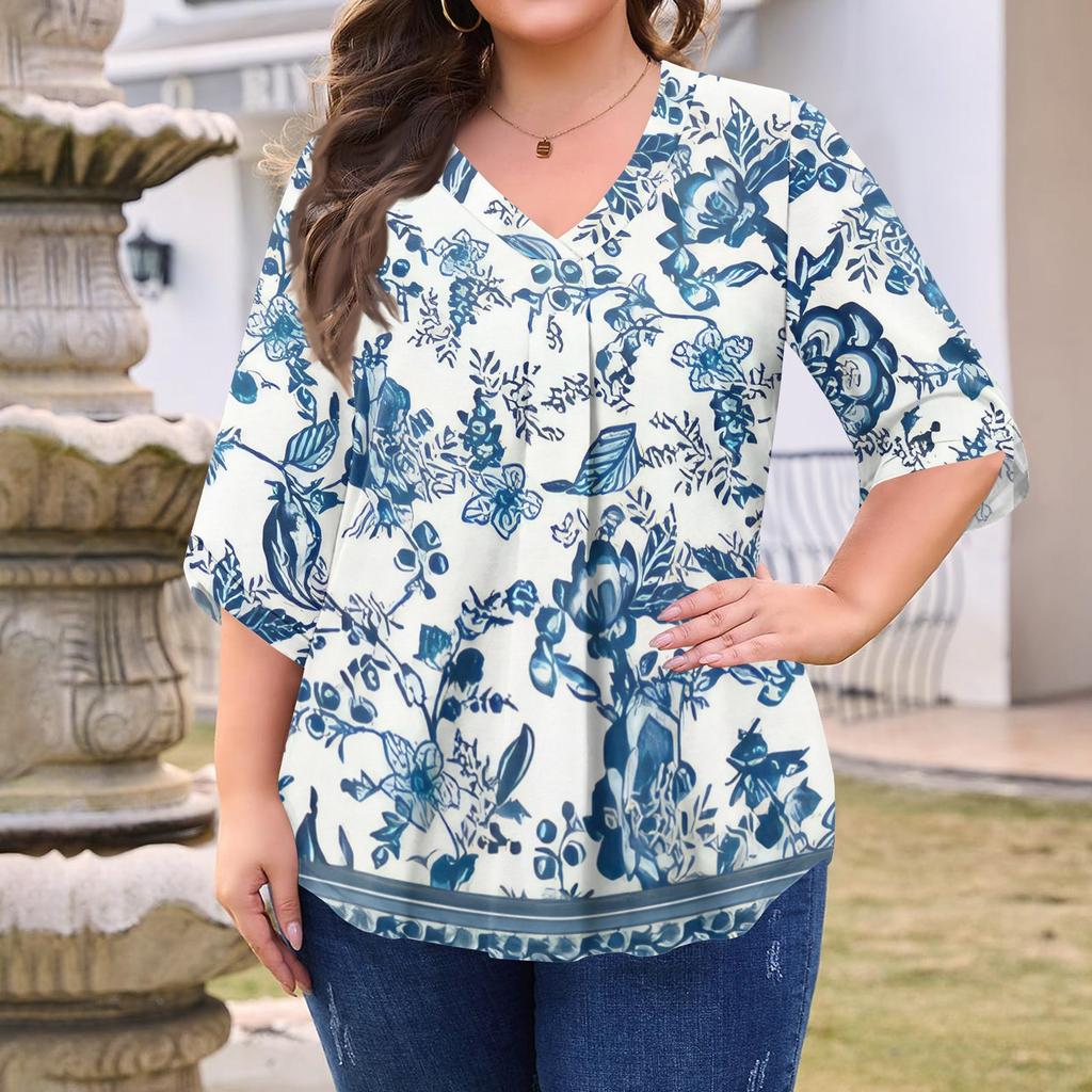 Women's Fashion Large Size Print V-Neck Three-quarter Sleeve Top