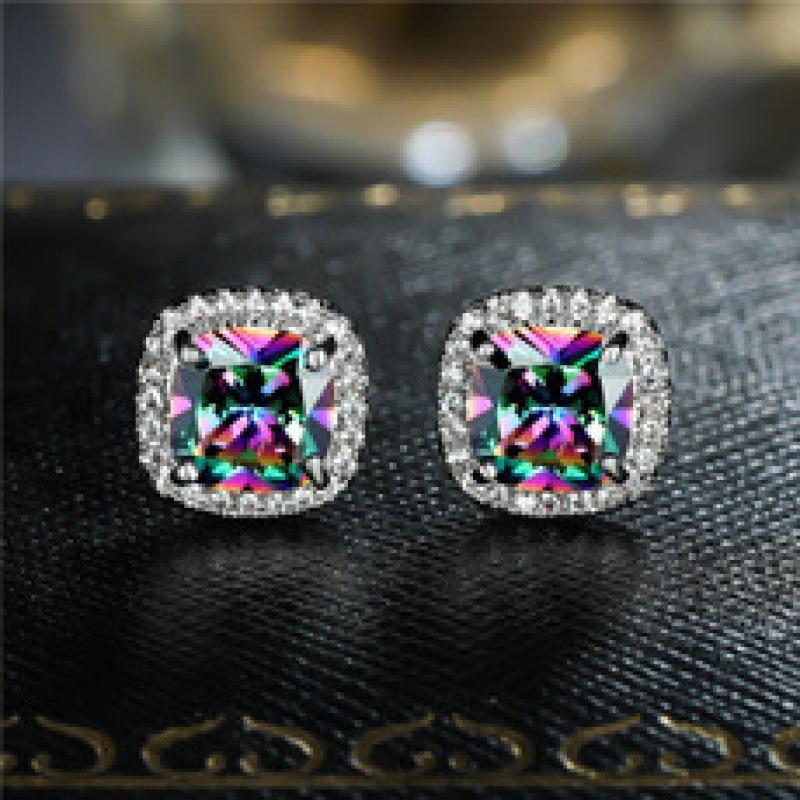 Classic Silver Color Blue White Green Opal Square Stone Earrings Multicolor Crystal Small Wedding Jewelry for Women