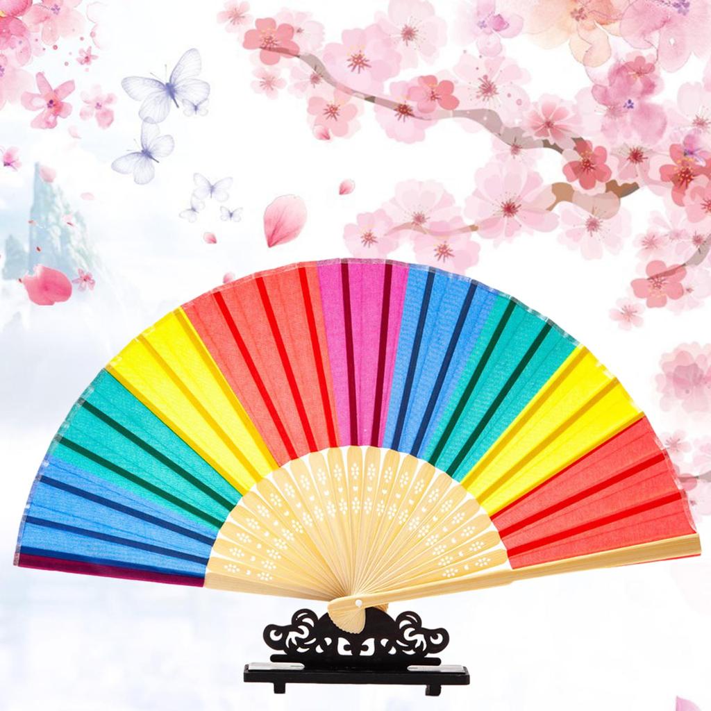 Rainbow Hand Fans Colorful Hand Held Fan Chinease Folding Hand Fan Hand Rave Fan Durable Cloth with Sturdy Bamboo Handle