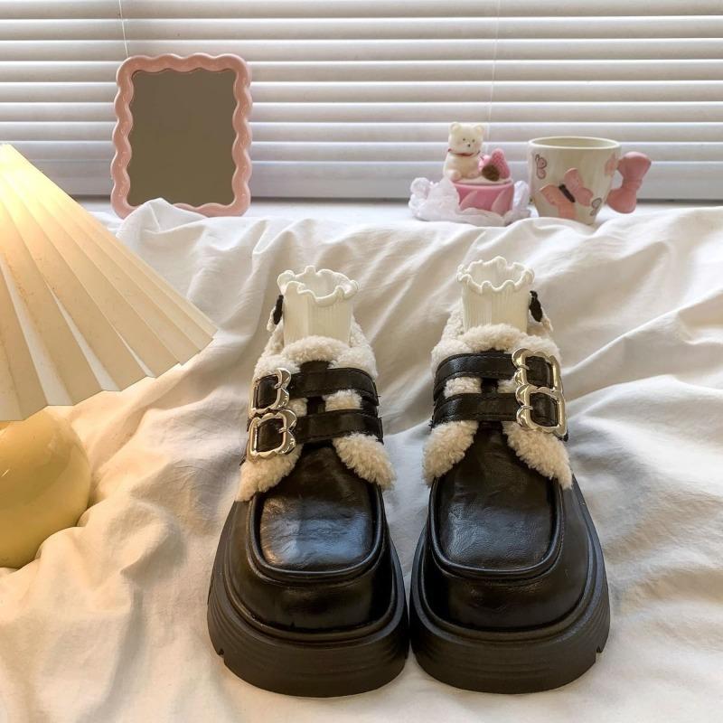 Fashion Women Pumps Autumn Winter British Style Leather Shoes for Women New Student Japanese Vintage Plush Warm Cotton Shoes for Women