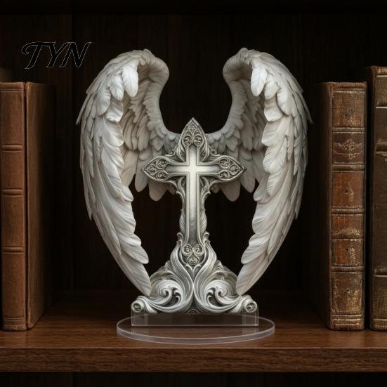 Christmas Tabletop Decorations Angel Wings Cross Table Sign, Acrylic Religious Wing Statue, Large Modern Art Piece Ornaments for Home Living