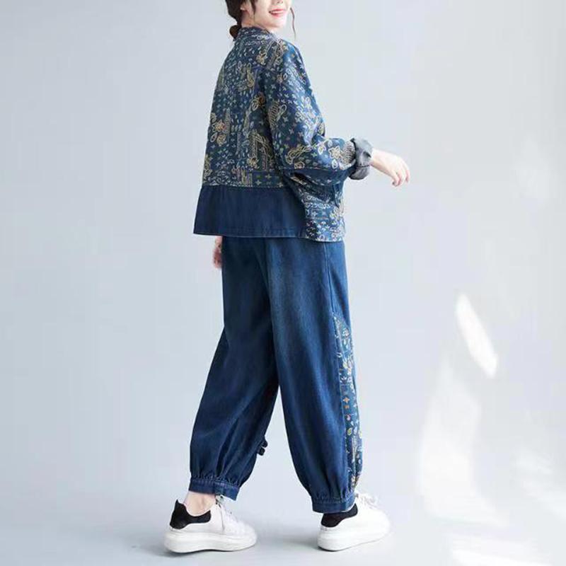 Комплекты джинсов весна осень женская джинсовая куртка с цветочным принтом и джинсы комплект из 2 предметов винтажный большой размер эластичный пояс джинсовые костюмы