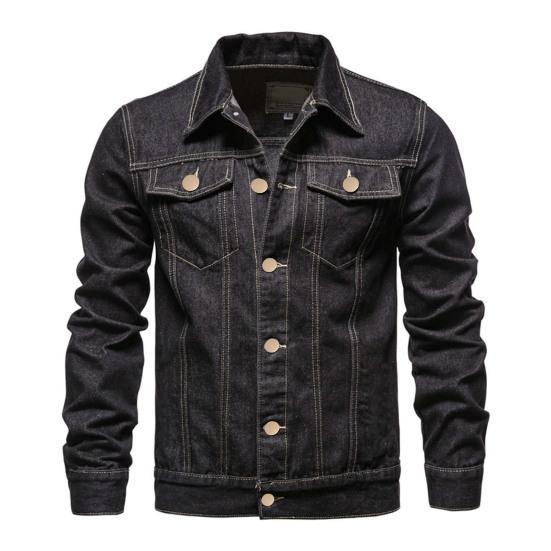 Весенняя мужская джинсовая куртка с лацканами, однобортная однобортная однотонная модная мотоциклетная джинсовая куртка, облегающая хлопковая повседневная черная, синяя куртка