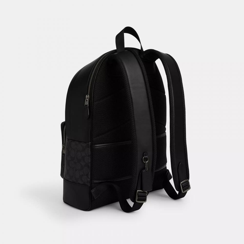 Coach West Backpack In Signature Canvas With Varsity Stripe Gunmetal Charcoal Denim Chalk
