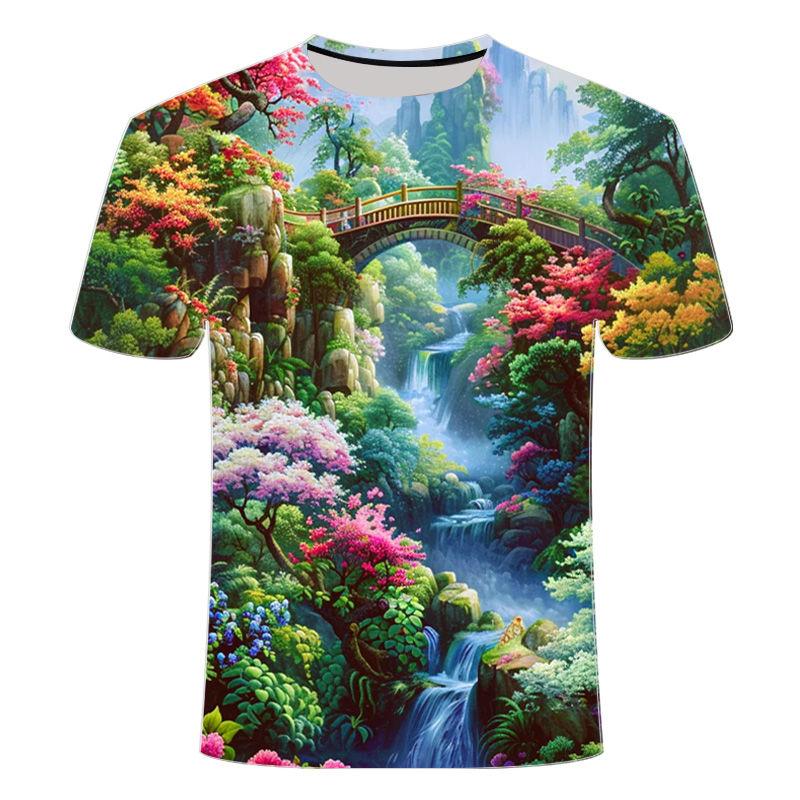 2024 Summer New Men's and Women's 3D Printed Round Neck T-shirt Popular, Stunning Scenery Series