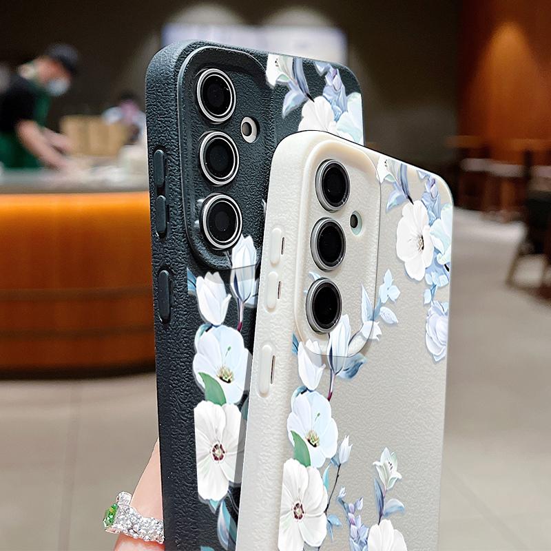 Матовый чехол для телефона с цветочным узором и текстурой из кожи для Samsung S25 Ultra S24 FE S23 S22 A36 A56 A16 A55 A26 A15 A35, тонкий противоударный мягкий чехол-накладка из ТПУ