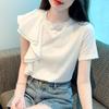 Летняя шифоновая блузка с короткими рукавами, модные женские рубашки с круглым вырезом, женская одежда, белые топы, свободный топ с рюшами, женский элегантный 27166