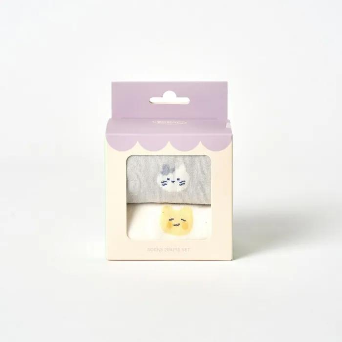 Janjan Milk Cat Butter-kun Mid-calf Socks 2P White Gray