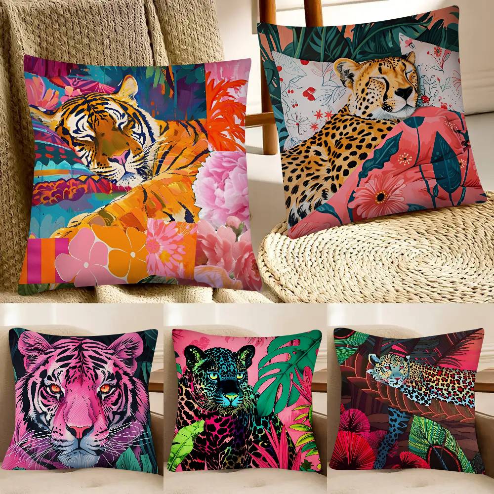 Tropical Rainforest Tiger Pillow Case Fashion Square Pillowcase Bedroom Sofa Room Ins Decoration Leisure