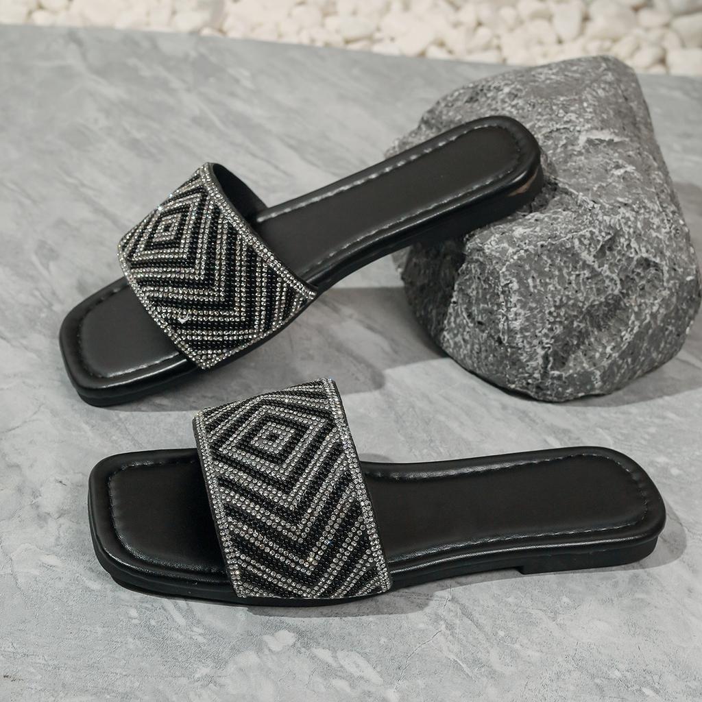 2025 летние повседневные односложные тапочки модные женские тапочки с ромбовидным узором на плоской подошве универсальные женские тапочки