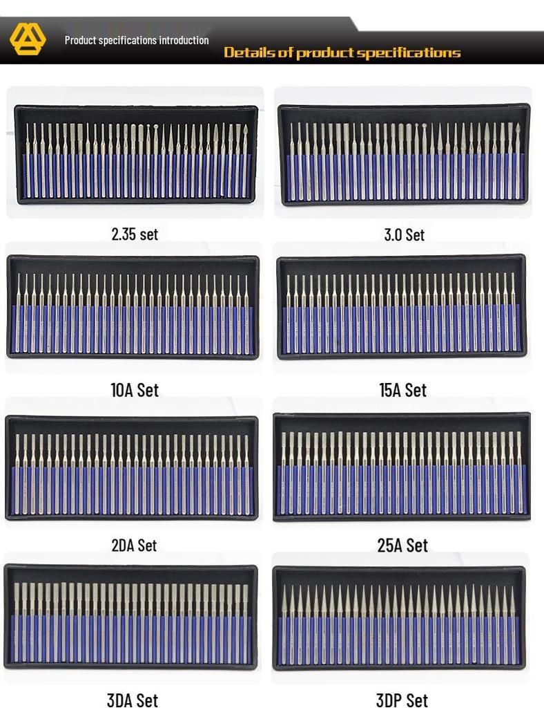 Banglun Diamond 3mm Alloy Grinding Head Set: Jade Carving, Cylindrical, Conical, Ball Needles