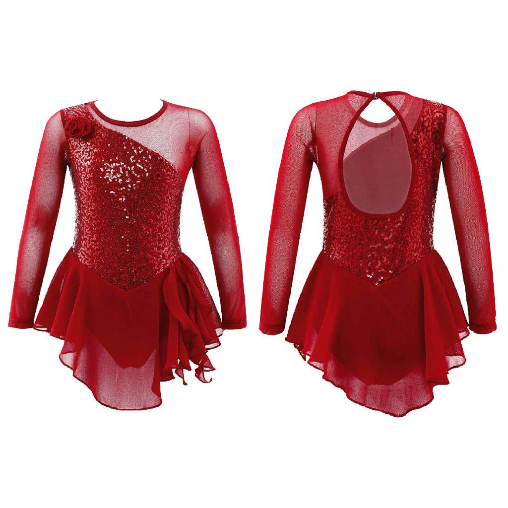 Girls Long Sleeve Mesh Patchwork Style Irregular Sequins Decor Dress Skating Dance Gymnastic Dress