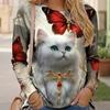 Tops For Women Cute Christmas Cat Print Round Neck Long Sleeve T-shirt Fall Casual Slim Pullover Women's Long Sleeve Top
