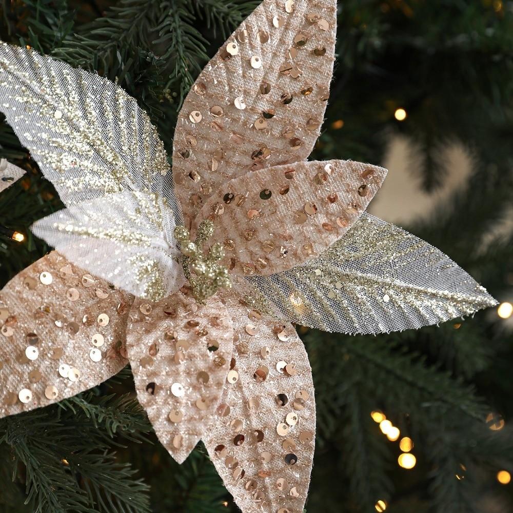 25cm Christmas Artificial Flowers Sequin Mesh Handmade Poinsettia Flower Realistic Decorative Simulation Glitter Flower